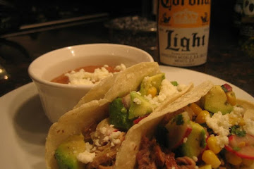 Slow Cooked Pork Carnita Tacos with Corn and Avocado Salsa