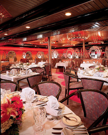 A look at Wind Star restaurant, one of Carnival Ecstasy's main dining rooms.  