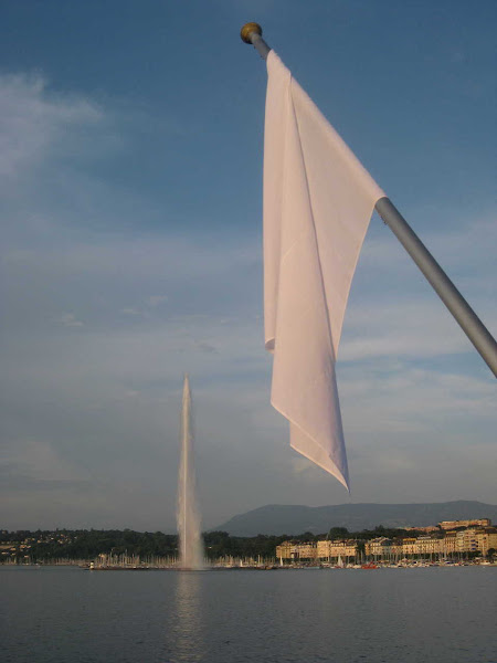 Looking out at the HUGE fountain in Geneva.