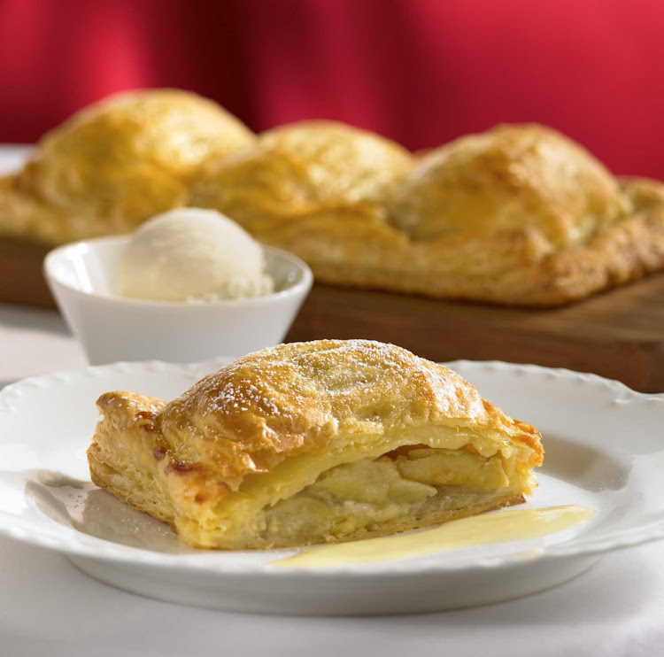 In Royal Caribbean cruises, a favorite desert is apple parcels, made with puff pasty, apples, cinnamon, sugar and almond paste, with a scoop of vanilla ice cream on the side.