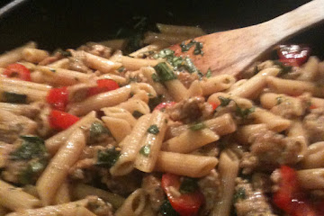 Penne with Turkey Sausage, Cherry Tomatoes and Basil