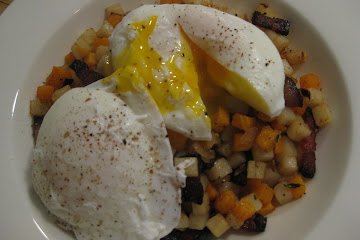 Mixed potato hash with bacon and eggs