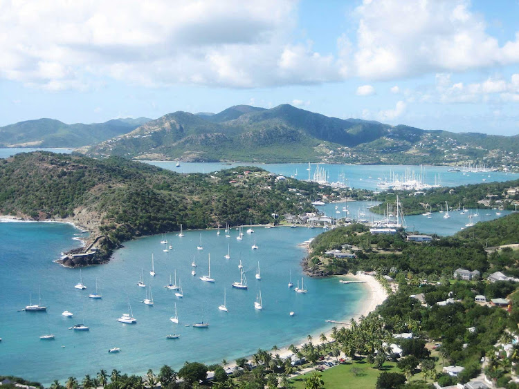 View of historic English Harbour from Shirley Heights in Antigua.