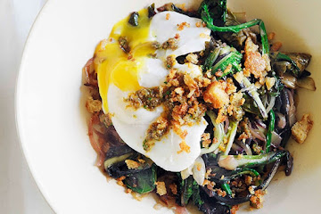 Braised greens with poached egg