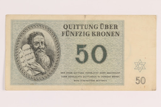 Theresienstadt ghetto-labor camp scrip, 50 [funfzig] kronen note, acquired by a German Jewish refugee 2012.425.3 front
