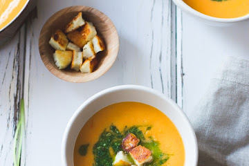 Roasted Yellow Tomato Soup with Halloumi Croutons + Green Harissa Recipe