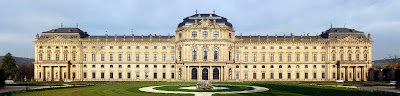 Garden façade of the Würzburg Residence palace in southern Germany leading into the Court Gardens built in the 1500s.