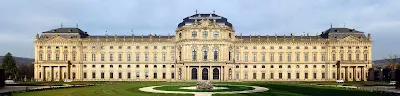 Garden façade of the Würzburg Residence palace in southern Germany leading into the Court Gardens built in the 1500s.