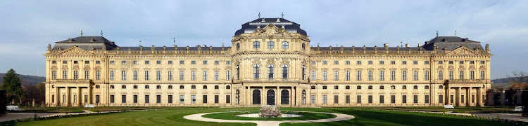 Garden façade of the Würzburg Residence palace in southern Germany leading into the Court Gardens built in the 1500s.