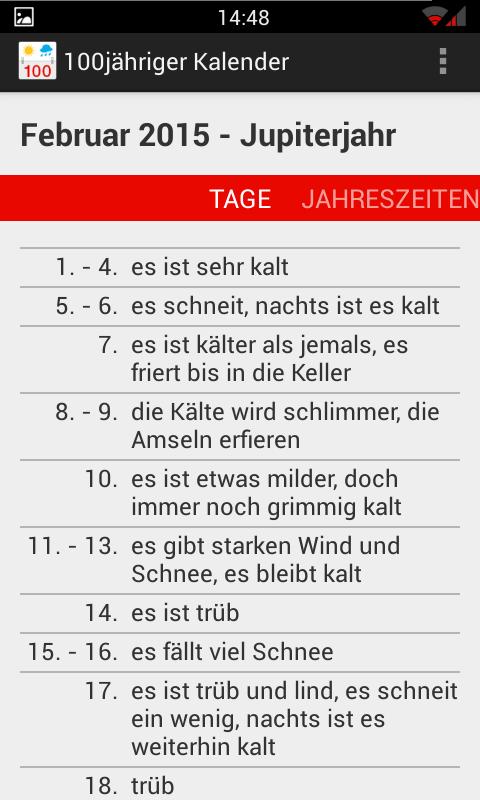Android application 100jähriger Kalender screenshort