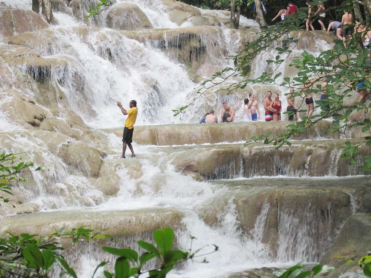 dunns-falls-jamaica - Day trippers line up at Dunn's River Falls near Ocho Rios, Jamaica.