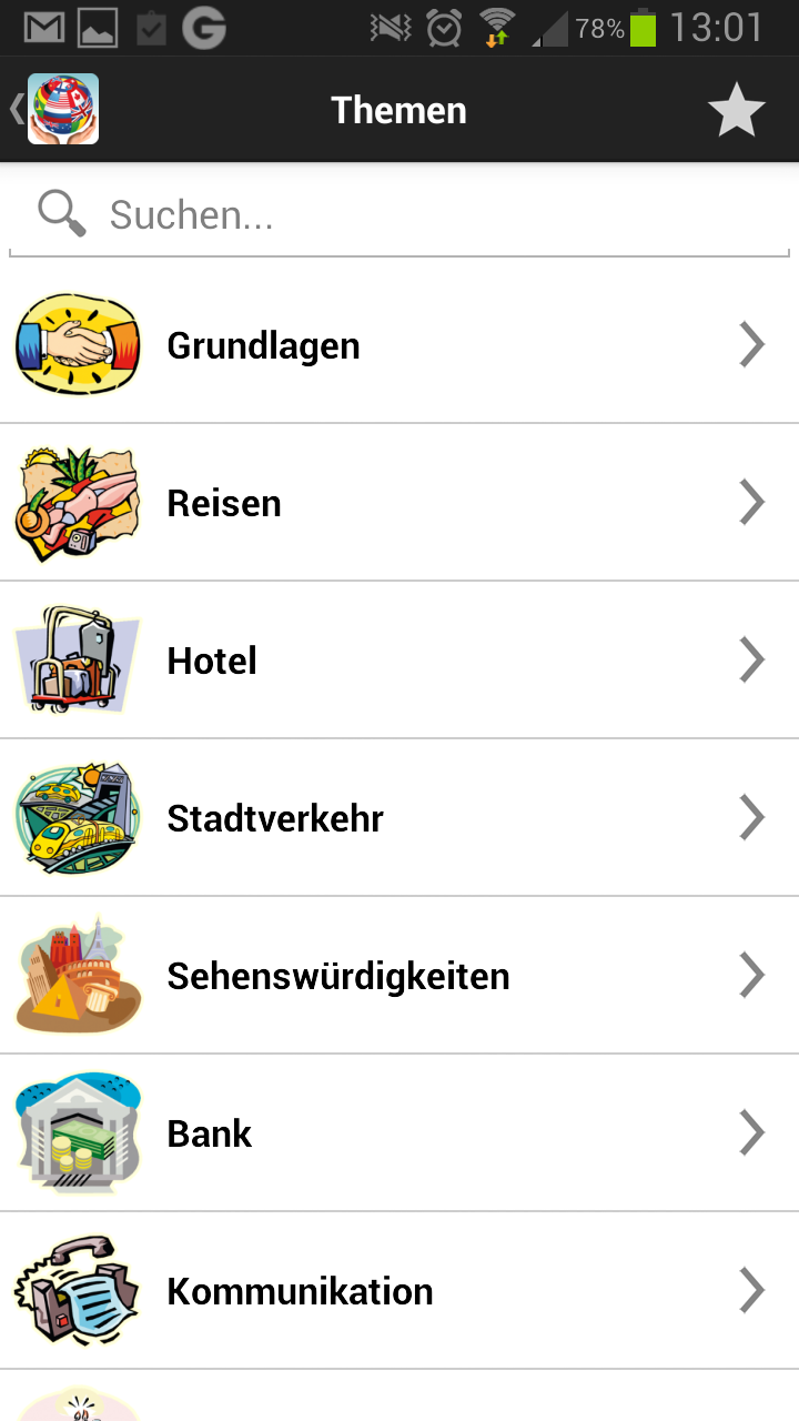 Android application Travel Interpreter Phrasebook screenshort