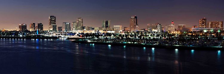 The bright lights of Long Beach, California, a major cruise port on the West Coast. 