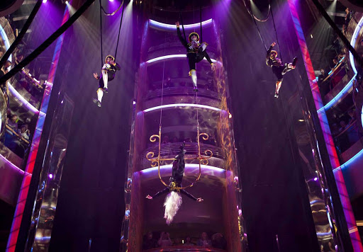 Rhapsody-of-the-Seas-Centrum-aerial-show -  An eye-popping aerial performance at the Centrum, a six-deck atrium and hub of Rhapsody of the Seas.