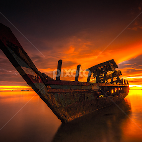 Shipwreck and Twilight by Ade Noverzan - Transportation Boats