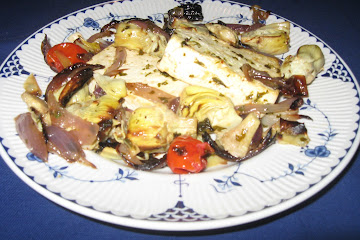 Broiled Lemon-Pesto Tofu with Artichokes