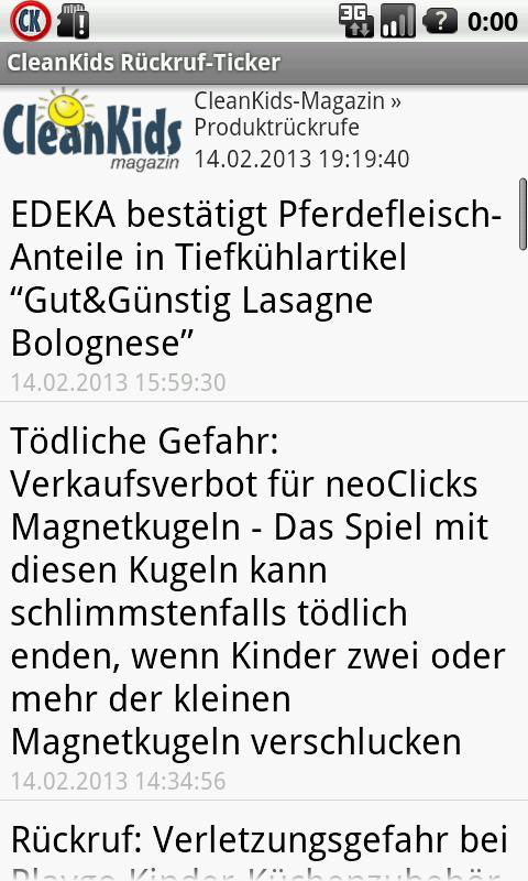Android application CleanKids Rückruf-Ticker screenshort