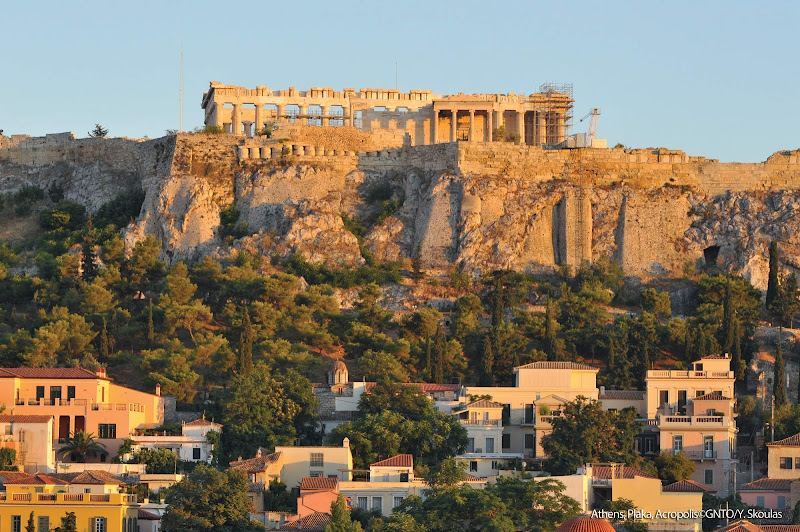 The Plaka, the most desired area of Athens, shows off its neoclassical side at sunset on the north slope of the Acropolis.
