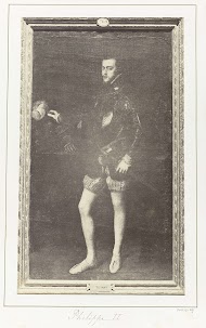 Fotoreproductie van een schilderij door Titiaan, voorstellend een portret van Phillips II van Spanje in harnas