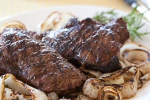 Grilled Buffalo Strip Steaks with Sweet and Sour Onions