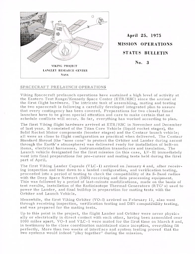 Viking Mission Operation Status Bulletin No3_April-25-1975 Page 1