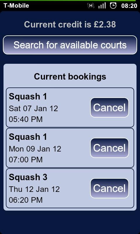 Android application Squash Bookings screenshort