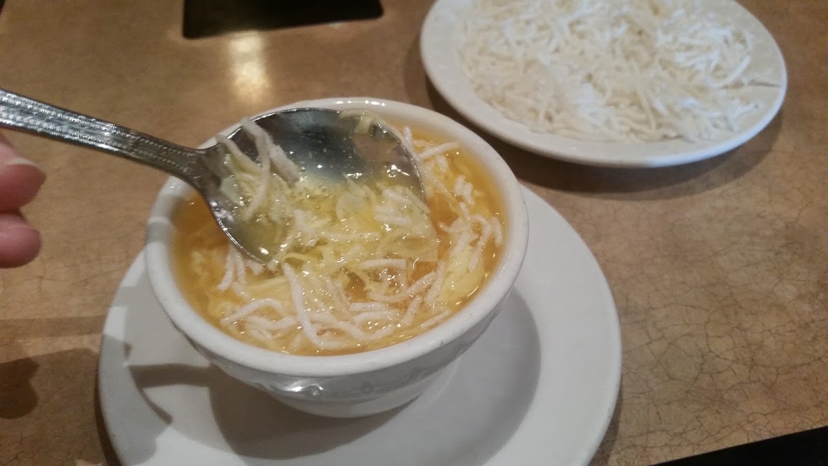 GF Egg Drop Soup with crunchy Rice Noodles..so yummy with chunks of chicken