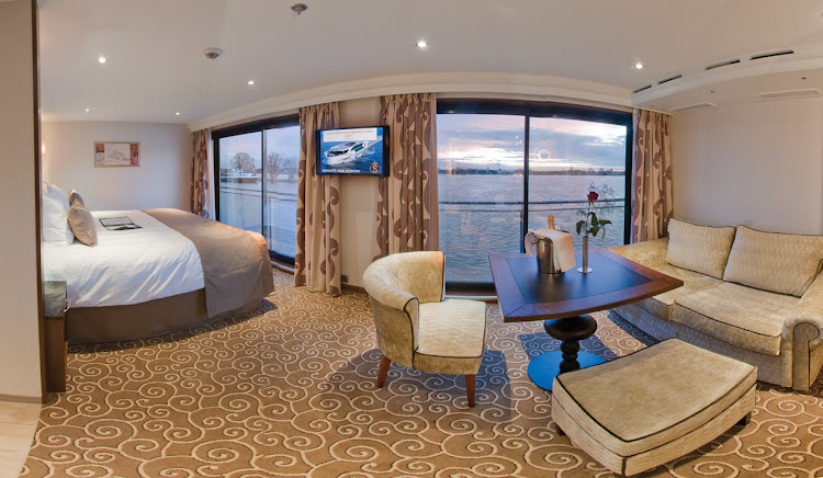 A suite in Tauck's Inspiration Class river cruise ships Inspire and Savor. The ships feature 22 300-square-foot-suites, the largest number of roomy suites of any riverboat on any European river.