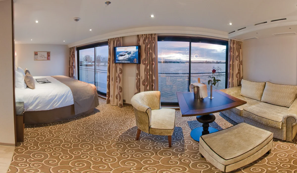 Tauck-InspirationClass-Suite - A suite in Tauck's Inspiration Class river cruise ships Inspire and Savor. The ships feature 22 300-square-foot-suites, the largest number of roomy suites of any riverboat on any European river.