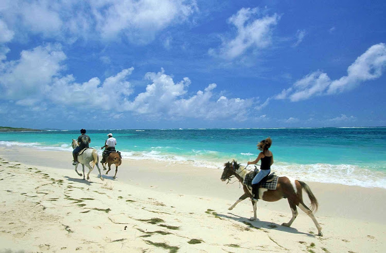 Horseback riding and sightseeing go hand in hand at Anse Grosse Roche, a little sandy beach in the town of Marin in southeast Martinique on the Atlantic coast. 