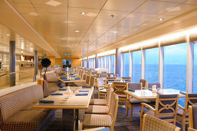 MSC Sinfonia's La Terrazza buffet restaurant offers a casual ambience and floor-to-ceiling windows that bring the Mediterranean seascape in. 