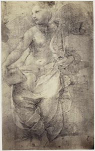 Fotoreproductie van een tekening van Rafaël, engel met lier en boek