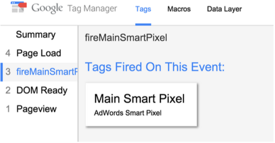 Debug panel showing what tags have been fired