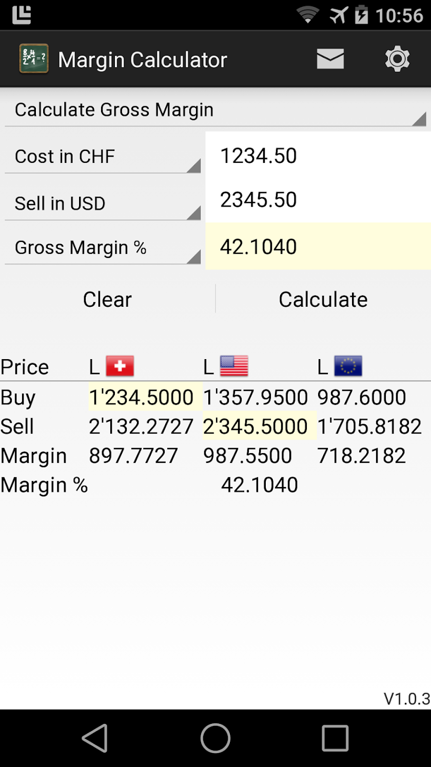 Gross Margin Calculator Screen 1
