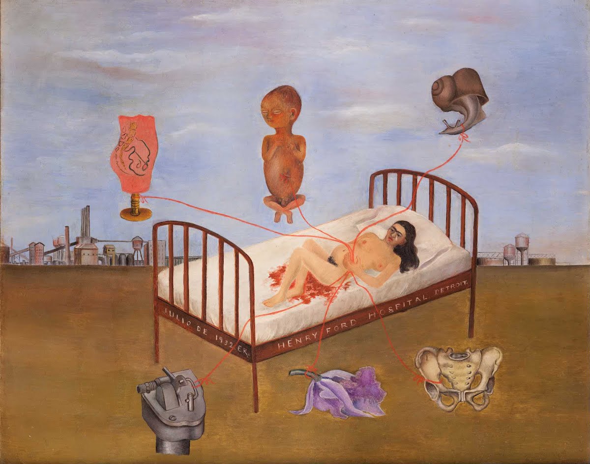 Frida Kahlo suffering behind paintings: Frida Kahlo, Henry Ford Hospital, 1932, Museo Dolores Olmedo, Mexico City, Mexico.