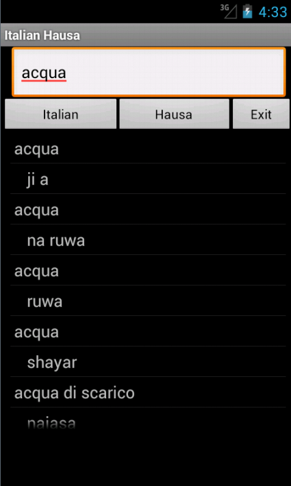 Hausa Italian Dictionary Screen 1