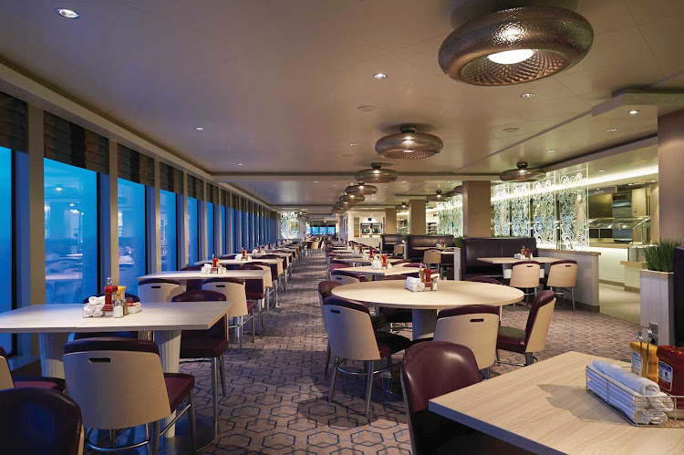 The Garden Cafe on Norwegian Getaway is an indoor restaurant yet still provides superb views through its floor-to-ceiling windows. It's open for breakfast, lunch and dinner.
