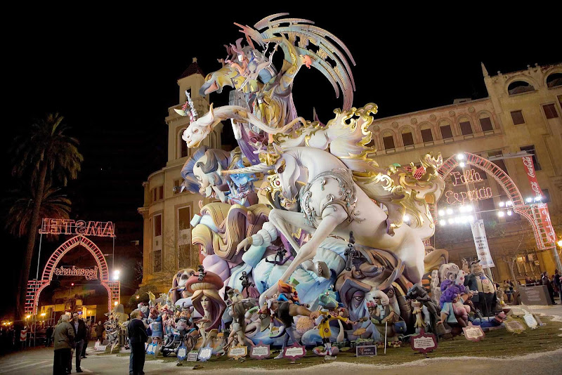 One of the more than 350 amazing satirical sculptures made of wood placed thoughout the neighborhoods of Valencia, Spain, during the city's biggest festival, Las Fallas.