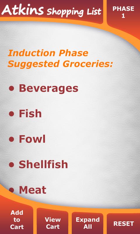Atkins Diet Shopping List Screen 1