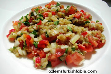Smoked Eggplant Salad with Tomatoes and Onions with Olive Oil, Lemon and Mint