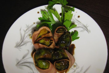 Turkey Bacon Wrapped Seared Brussels Sprouts with a Red Wine Reduction