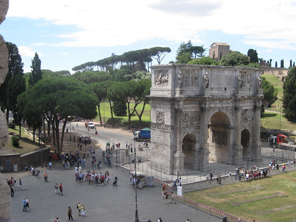 This is the Arch of Constantine seen from the second floor of the Coliseum.