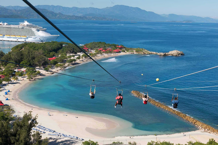 Experience the thrill of a zipline along the water's edge in Labadee, Haiti, during an Allure of the Seas cruise.