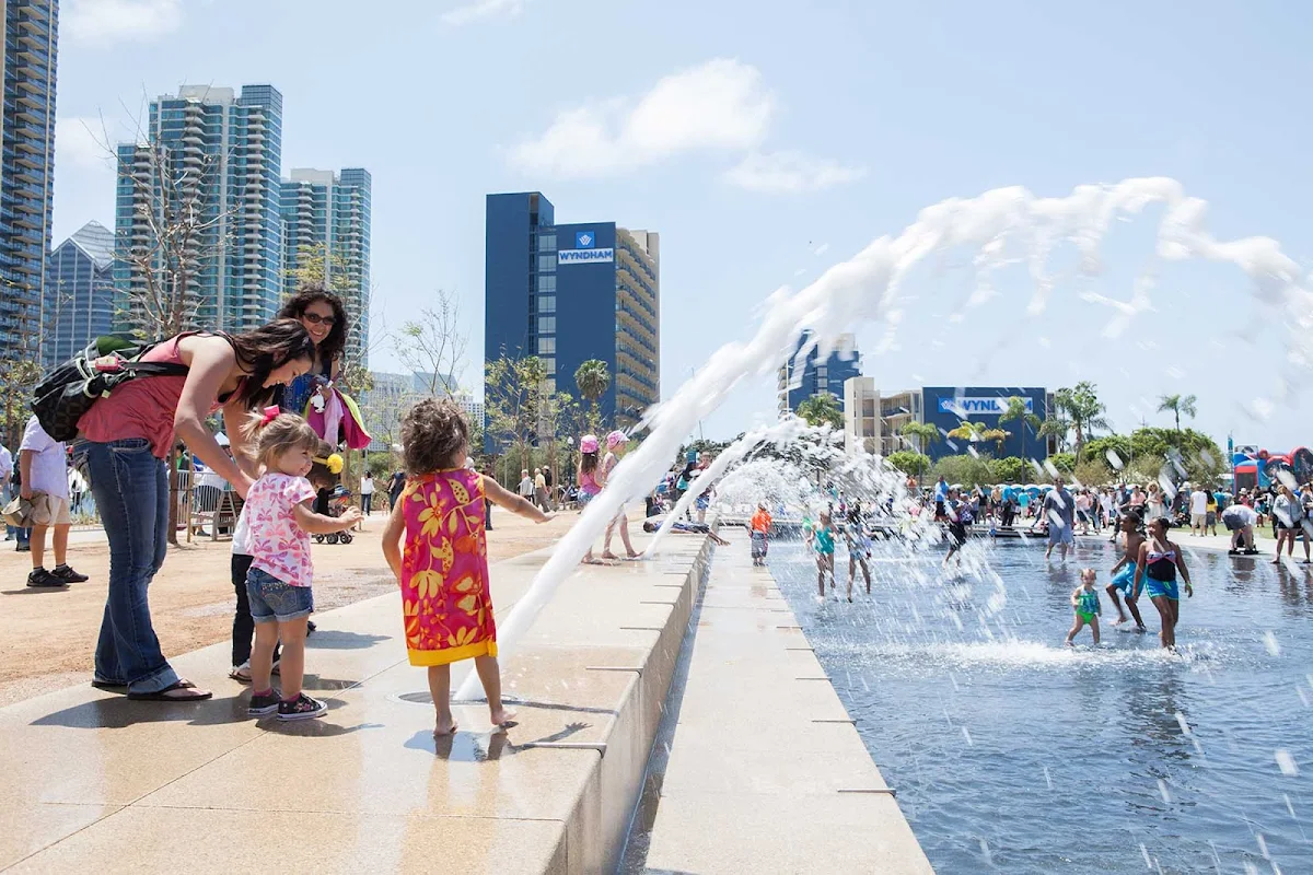 San-Diego-Waterfront-kids - Fountains in Waterfront Park in San Diego, California.