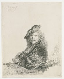 Zelfportret met de onderarm leunend op een stenen dorpel