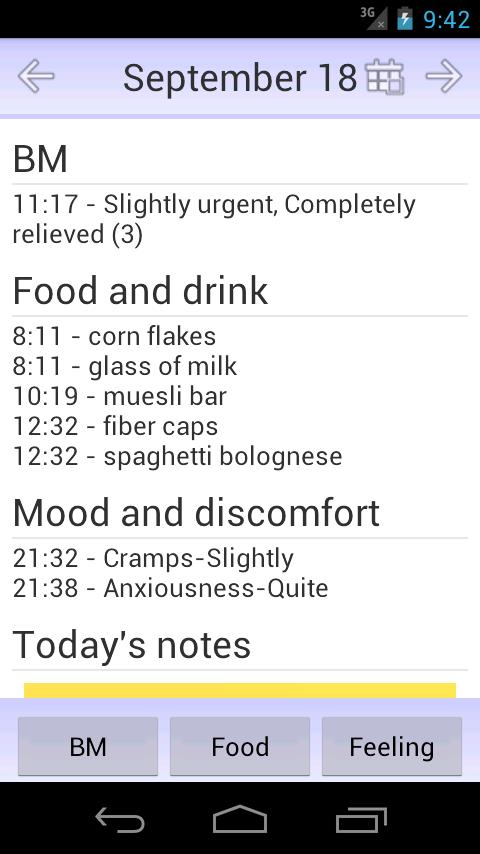 My IBS Diary Screen 1