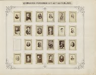 Twee albumbladen met namen en afbeeldingen van schrijvers, dichters, theologen en beeldend kunstenaars