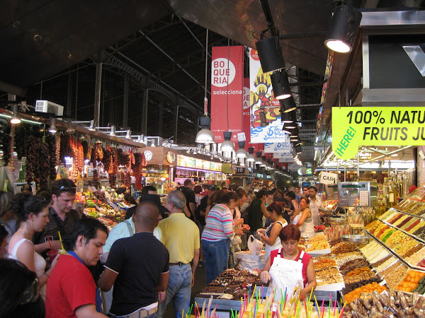 Inside “La Boqueria” - a huge indoor food market in the middle of Barcelona’s busiest pedestrian thoroughfare.