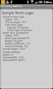 9mm Luger Ballistics Data Screen 2