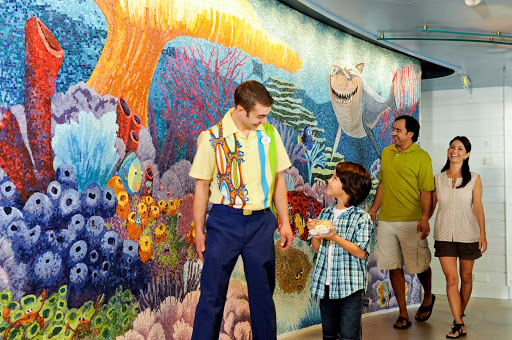 Families will like the colorful wall art throughout Disney Dream, including the entrance to the Cabanas dining area.